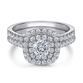 Round Zircon Double Square Soleste Halo with Half Eternity Silver Ring Set